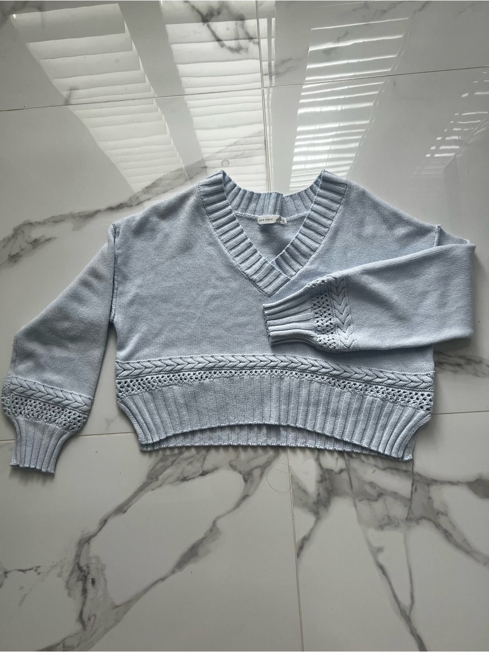 Altar'd State Pale Blue V-Neck Cable Trim Cropped Sweater